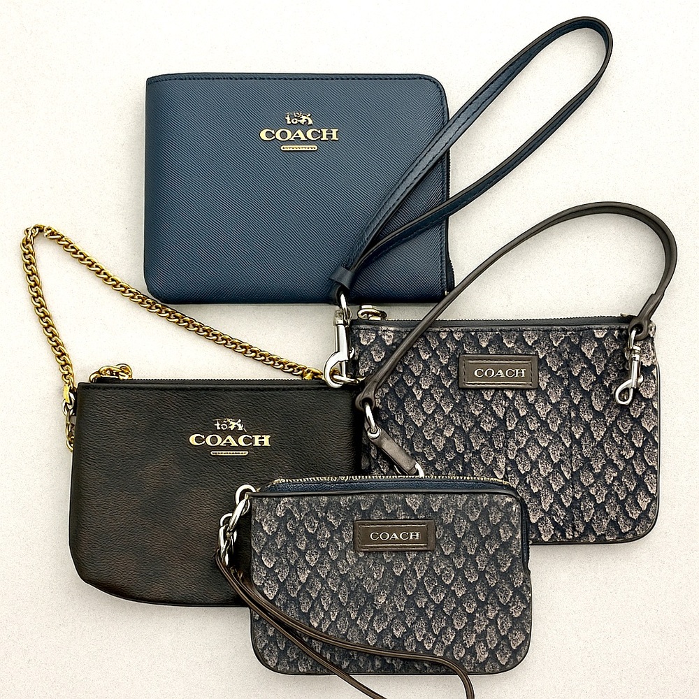 Coach Wristlet Bundle – Signature, Snakeskin & Navy Blue Saffiano – Lot of 3